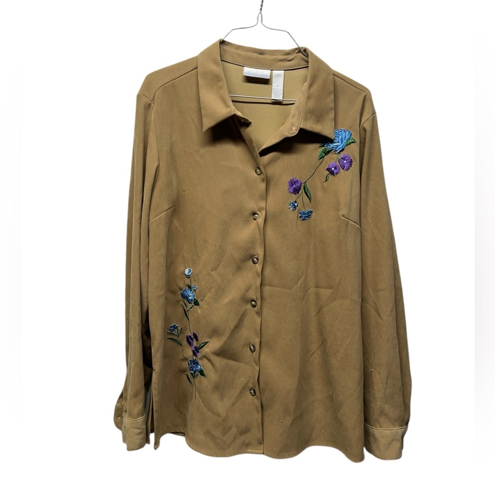 Vintage Cascade Blue Blouse tan Suede-Like Floral Embroidery button front shirt